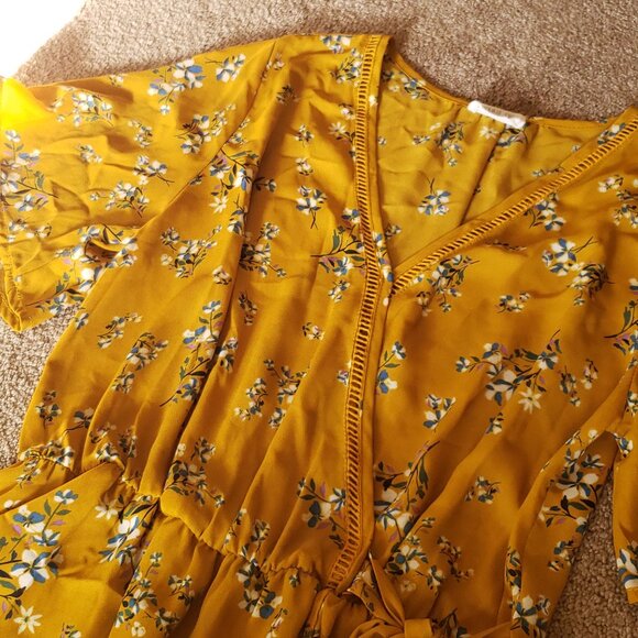 Faux Tunic Tie Flowy Short Sleeve Blouse Mustard Yellow Floral - Picture 2 of 6